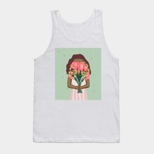 Cute girl holding a floral bouquet in a pink dress | pink and green Tank Top